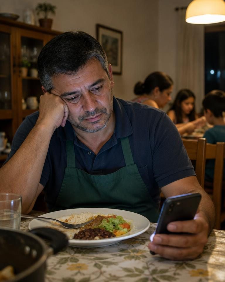 Dono de comércio cansado com o celular durante o jantar em família